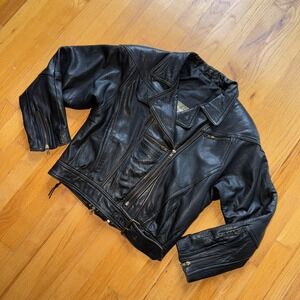 Vintage Cropped Black Leather Moto Jacket M 80s Rockabilly Punk Grunge Biker
